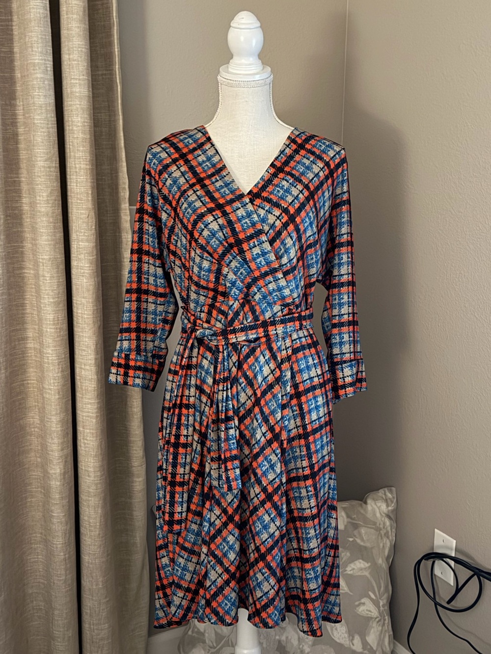 Eliza J Blue and Orange Plaid Wrap-Style Dress